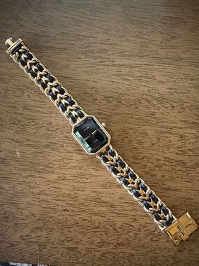 CHANEL Gold-Tone Chain Link Watch with Black Dial